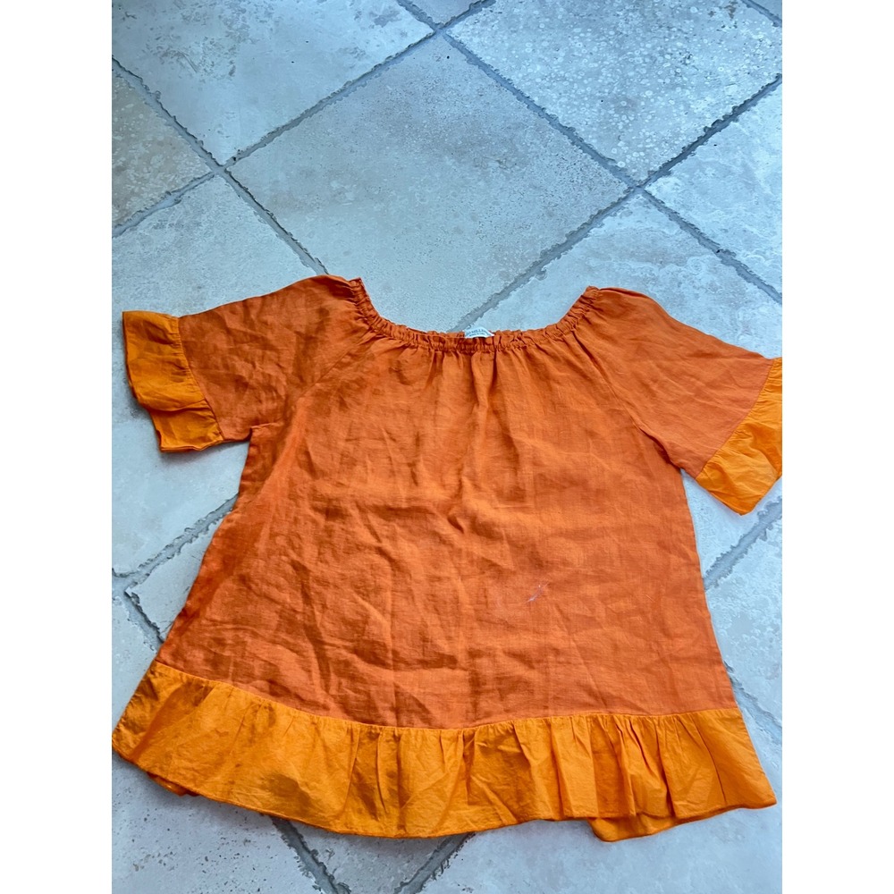 Terzo Millennio Orange 100% Linen Blouse Women's Large Ruffle Hem Made In Italy‎